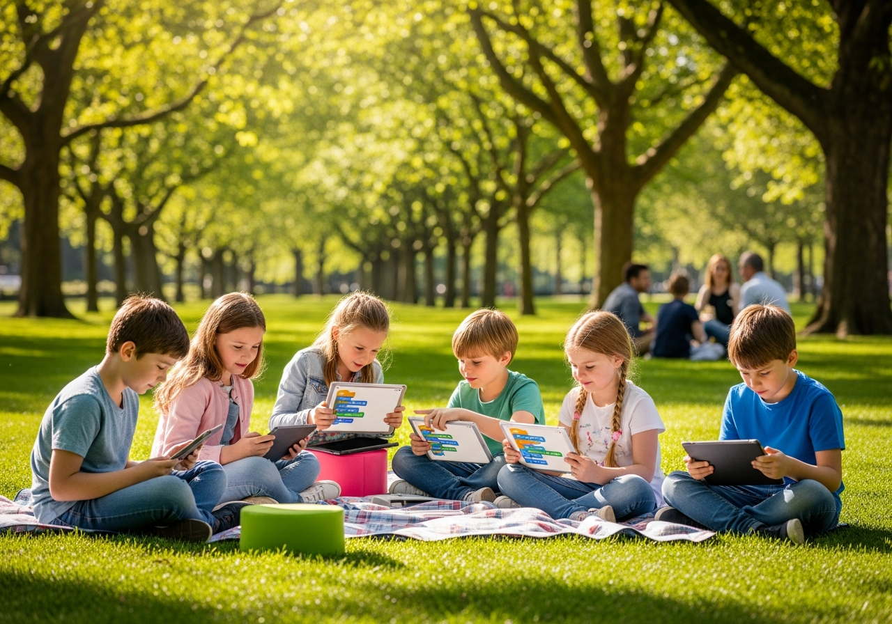 Children learning to code outdoors